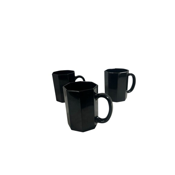 Vintage Black Glass Arcoroc Octime France Octagon Coffee Mugs Cups 8oz Set Of 3 - Picture 3 of 11